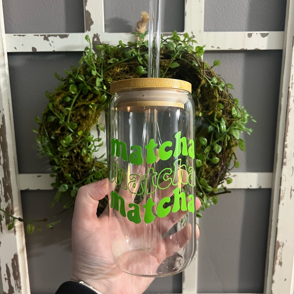 Clear Glass Tumbler with Green Matcha Print